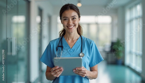 Obraz A dedicated nurse in scrubs smiles warmly while holding a tablet in a modern healthcare facility corridor