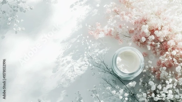 Obraz Close-up of an elegant night cream container with detailed floral watercolor designs on a clean white background. Generative AI, copy space, a minimalist background of the product photography. 