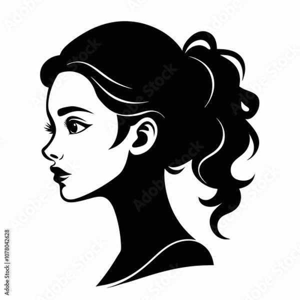Fototapeta Stylized black silhouette of a young woman's face in profile view, showcasing elegance and femininity. Perfect for design and art projects