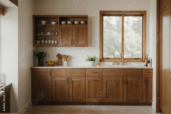 Fototapeta Modern kitchen interior with wooden shelves displaying dishware and greenery in natural light during the day