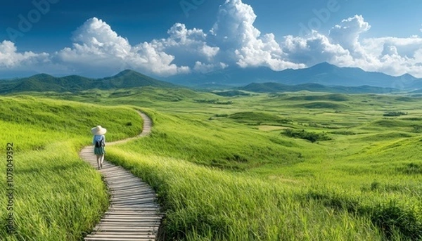 Fototapeta A serene path through lush greenery and rolling hills under a blue sky.