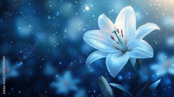 Fototapeta A close-up of a luminous white lily against a dreamy blue background with soft light effects.
