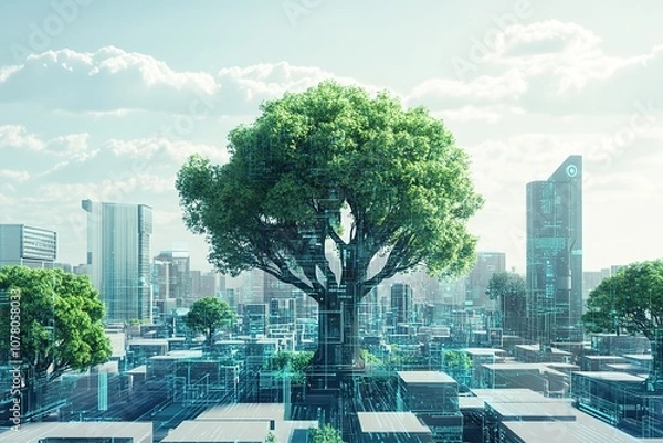 Fototapeta Lone tree in futuristic cityscape, symbolizing nature-tech harmo