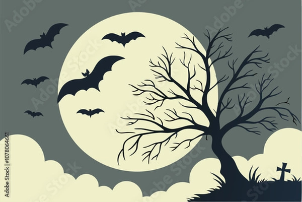Fototapeta Spooky moon in cloudy sky with bats Halloween night