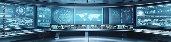 Obraz High-tech control room with multiple screens displaying data