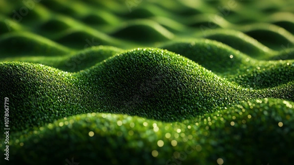 Fototapeta The rolling hills of vibrant green stretch endlessly, illuminated by gentle sunlight. This tranquil landscape evokes a soothing sense of peace and connection to nature.