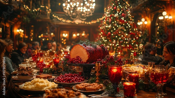 Fototapeta An elegantly set table with fresh dishes for a Christmas Eve dinner, featuring traditional holiday foods, candles, and festive decorations in a warm, inviting atmosphere.