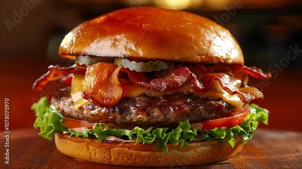 Fototapeta Meat patties and bacon sandwich on a red hardwood tabletop