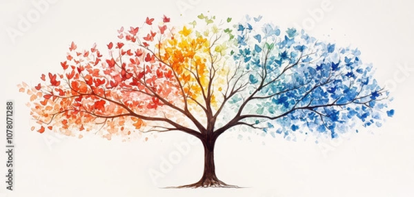Fototapeta vibrant tree transitioning through seasons, showcasing colorful leaves and butterflies in watercolor. This artwork captures beauty of nature change