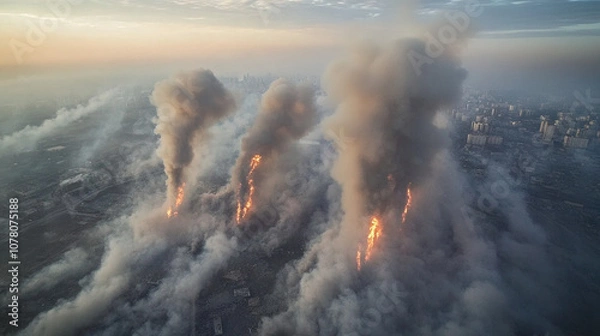 Fototapeta Aerial view of military aircraft dropping bombs over a city, with smoke and fire rising from the target area, capturing the intense and impactful moment of the strike.