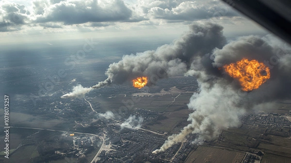 Fototapeta Aerial view of military aircraft dropping bombs over a city, with smoke and fire rising from the target area, capturing the intense and impactful moment of the strike.