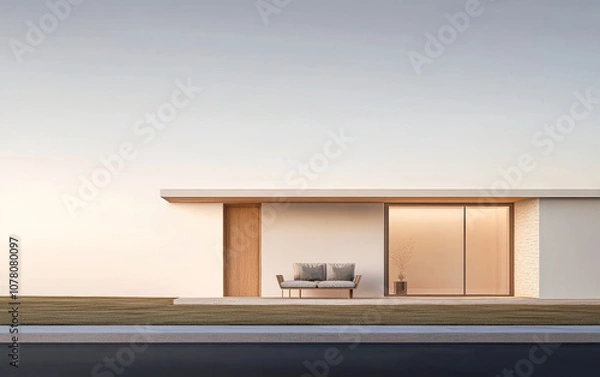 Fototapeta Modern minimalist house with a wooden entrance and a cozy sofa set against a serene backdrop