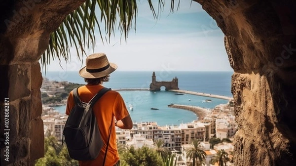 Fototapeta A traveler gazes at a coastal view through an archway, capturing a serene moment in nature.