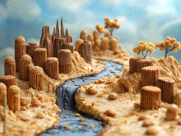 Fototapeta landscape of a minimal world made of a stack of chocolate biscuit being lifted out of a pool of water by a cloud of steam.