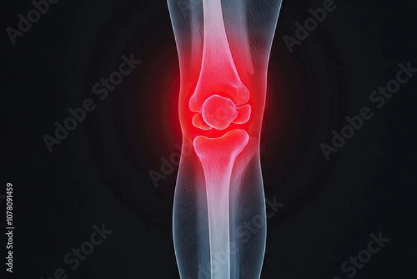 Fototapeta X ray of knee joint showing inflammation with red highlights, illustrating pain and discomfort in area. This emphasizes importance of joint health and medical imaging