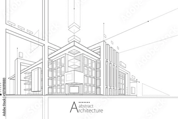 Obraz 3D illustration Imagination Outline drawings of Abstract Modern Urban Buildings.