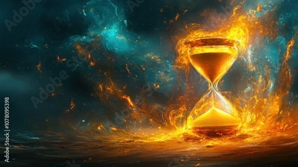 Fototapeta A fiery hourglass burns against a dark, smoky background, symbolizing the fleeting nature of time and the urgency to make the most of it.
