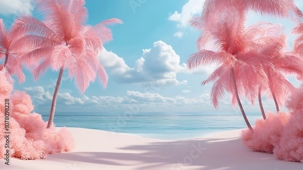 Fototapeta A serene beach scene with pink palm trees and a tranquil ocean under a bright sky.