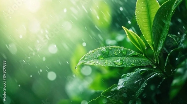 Obraz Fresh Tea Leaves Glimmering in Gentle Rain