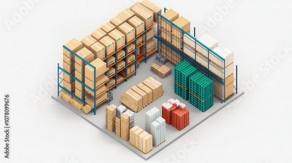 Fototapeta Efficient warehouse layout with shelves, pallets, and boxes organized neatly. This top view showcases well structured storage area, ideal for inventory management