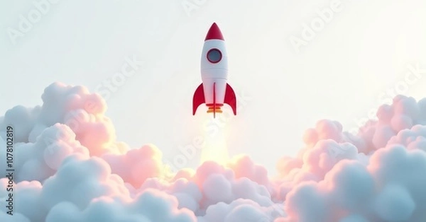 Fototapeta Rocket Launching Through Clouds White Background Startup Technology Success Business Growth