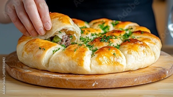 Fototapeta A Russian pirog is a traditional dish consisting of a savory dough filled with a variety of ingredients such as meat, vegetables, and cheese and baked to golden perfection