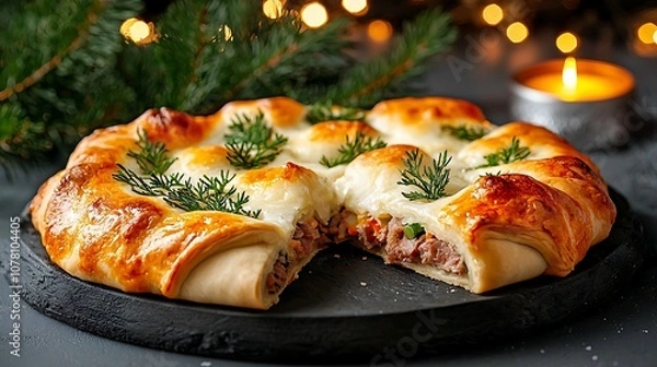 Fototapeta A Russian pirog is a traditional dish consisting of a savory dough filled with a variety of ingredients such as meat, vegetables, and cheese and baked to golden perfection