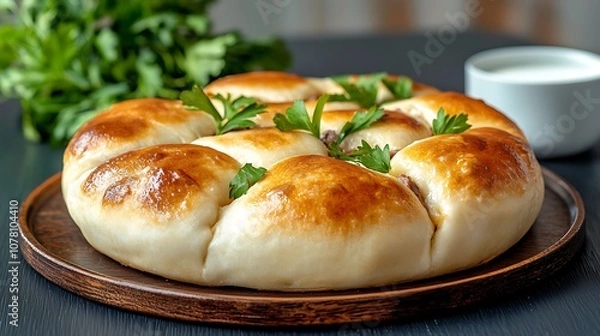 Fototapeta A Russian pirog is a traditional dish consisting of a savory dough filled with a variety of ingredients such as meat, vegetables, and cheese and baked to golden perfection