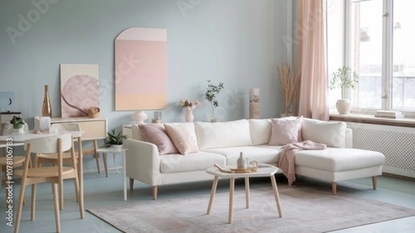 Fototapeta Cozy Scandinavian-Inspired Living Room with Soft Pastel Accents and Natural Light