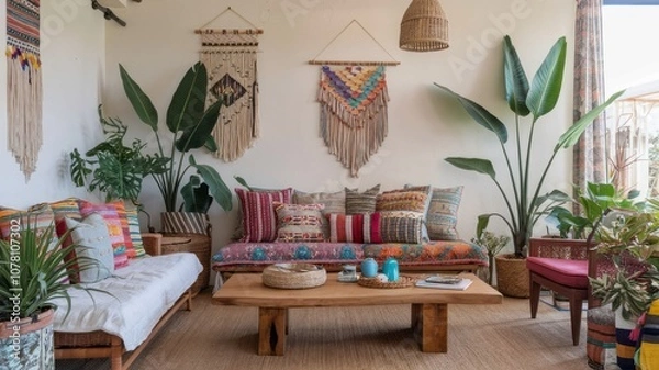 Fototapeta Bohemian-Inspired Living Room with Macramé Decor and Lush Greenery
