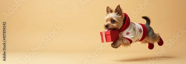 Fototapeta A puffing Yorkshire Terrier dog in clothes and shoes for pets holds a packing party box in its teeth on a light beige background