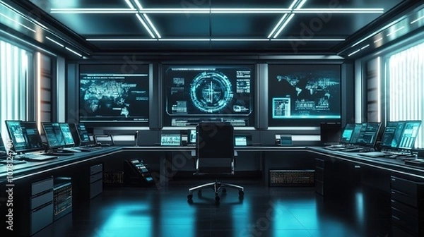 Obraz Futuristic control room with advanced digital screens and interf