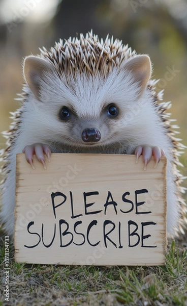 Fototapeta Hedgehog holding a board that says please subscribe generated by AI