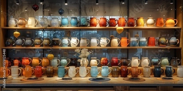 Fototapeta Ceramic Mugs Displayed on Shelves in a Store