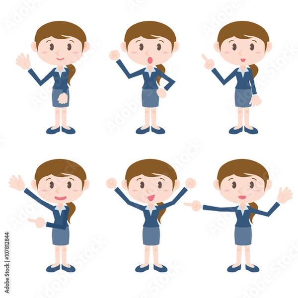 Fototapeta young business woman character various pose clip art set, vector illustration