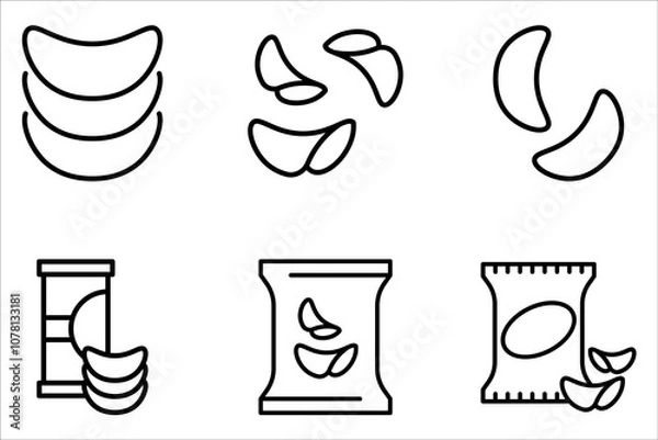 Fototapeta Potato chips line icon set. Salty snacks on white background
