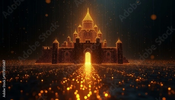 Fototapeta Illuminated Digital Castle Surrounded By Glowing Embers And Golden Energy Streams On Dark Background