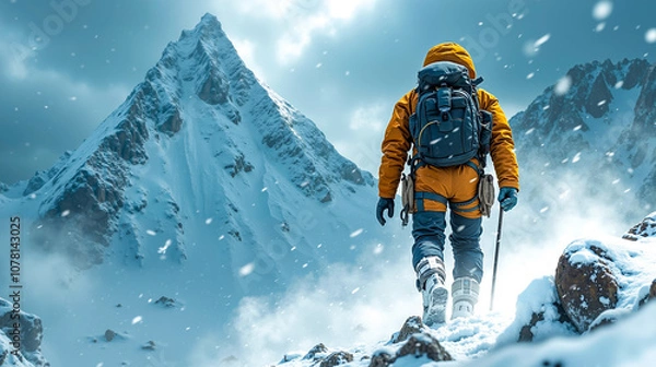 Fototapeta A man in a yellow jacket and orange jacket hiking up a snowy mountain