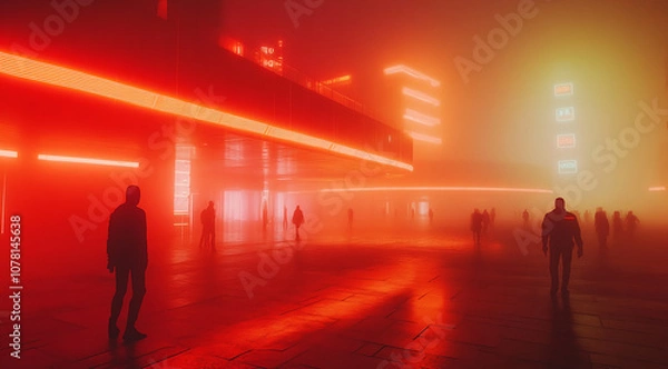 Obraz A person walks down a street surrounded by tall buildings with neon signs