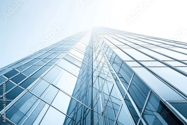 Fototapeta A modern skyscraper viewed from below, showcasing its glass facade and towering height.