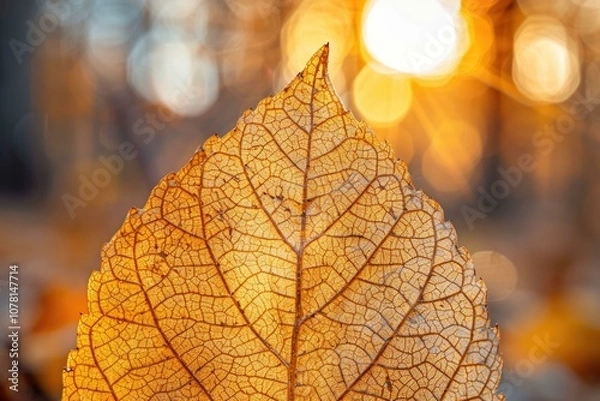 Fototapeta Macro closeup of dried autumn leaf in sunlight.