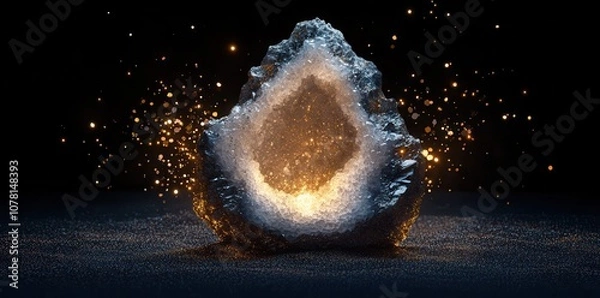 Fototapeta Stunning reflective geode surrounded by vibrant crystals, showcasing nature's intricate beauty and unique formations.