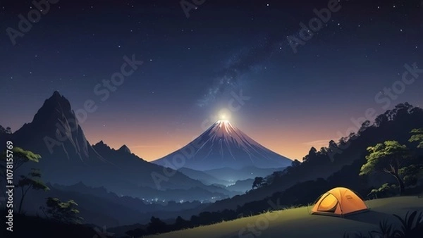 Obraz illustration of a mountain with shining stars at night with a view of a camping tent