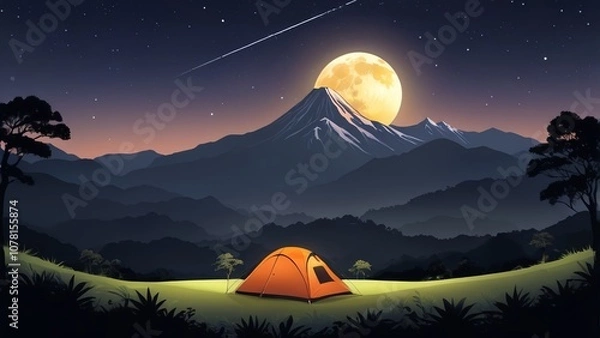 Obraz illustration of a mountain with shining stars at night with a view of a camping tent