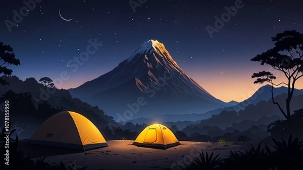 Fototapeta illustration of a mountain with shining stars at night with a view of a camping tent