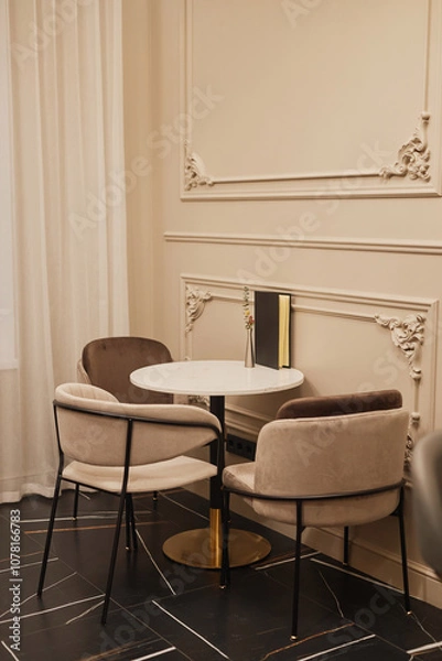 Fototapeta Vertical background image of table and chair set in restaurant or hotel lobby