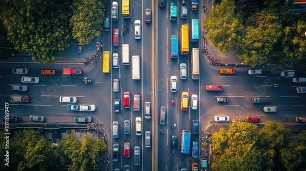 Fototapeta Highway traffic during peak hours in India. cars and buses lined up in organized lanes.