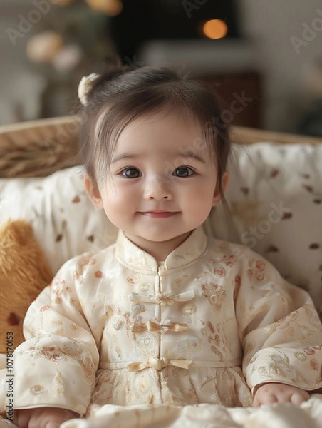 Fototapeta A cute baby sitting in the cradle, beautiful picture, looked at the camera, Generative AI