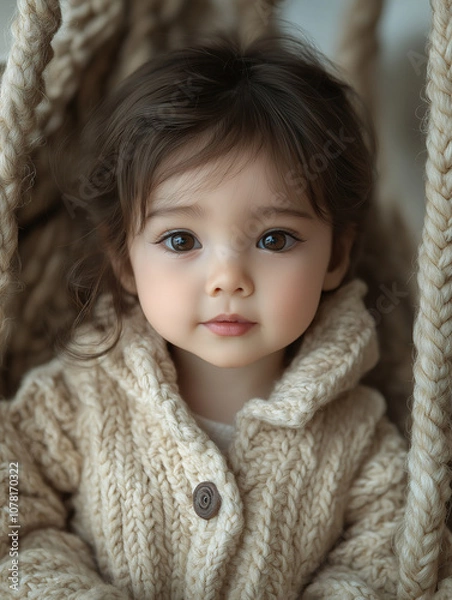 Fototapeta A cute baby sitting in the cradle, beautiful picture, looked at the camera, Generative AI