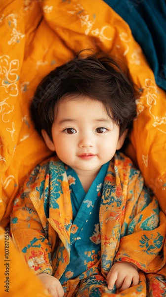 Fototapeta A cute baby sitting in the cradle, beautiful picture, looked at the camera, Generative AI